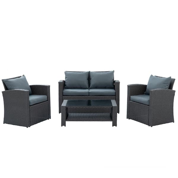 Unbranded 4-Piece Wicker Patio Conversation Set with Cushions, Gray