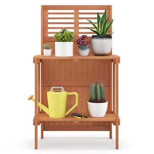 25 in. W x 44 in. H Folding Garden Potting Bench with 2-tier Storage Shelves and Teak Oil Finish for Garden Yard Balcony