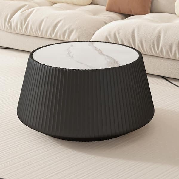 Simin 26.77 in. Black Round Stone Coffee Table with Leather Surface