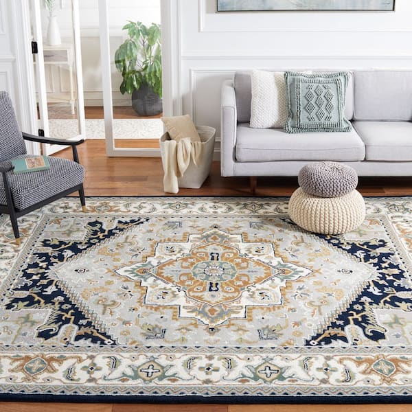 Heritage Gray/Navy 10 ft. x 14 ft. Border Floral Medallion Area Rug