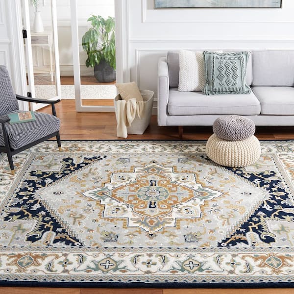 Heritage Gray/Navy 11 ft. x 15 ft. Border Floral Medallion Area Rug