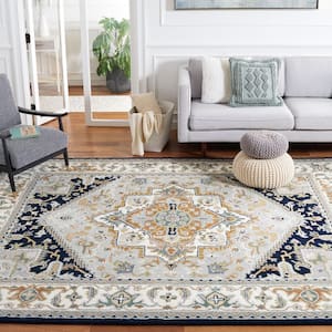 Heritage Gray/Navy 8 ft. x 10 ft. Border Floral Medallion Area Rug