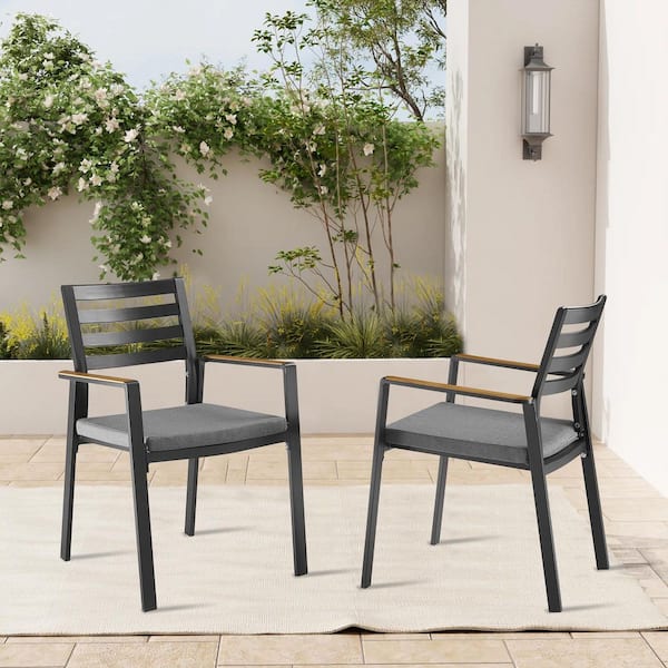 SLIM Aluminum Outdoor Dining Chair with Gray Cushion (2-Pack)