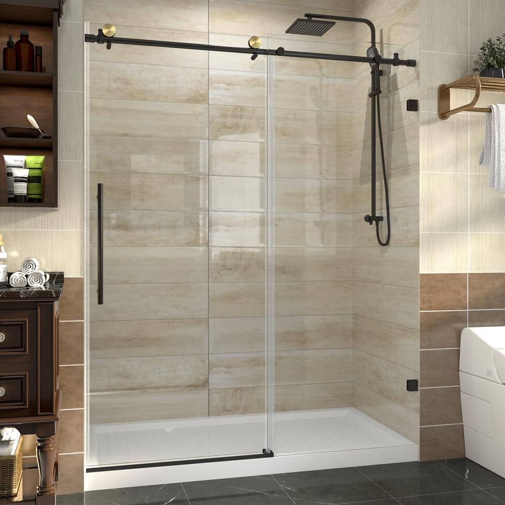 Matte Black Frameless Sliding Shower Door with Clear Glass