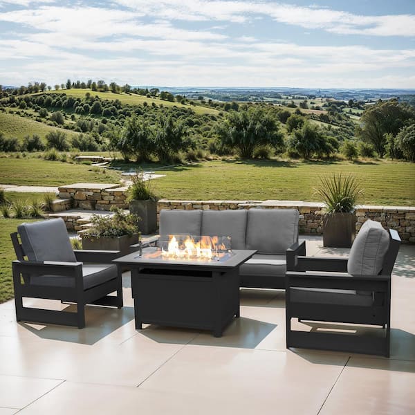LuXeo Cortina 25 in.(H) x 45 in.(W) Gray 4-Piece Plastic Patio Fire Pit Deep Seating Set with Gray Cushions