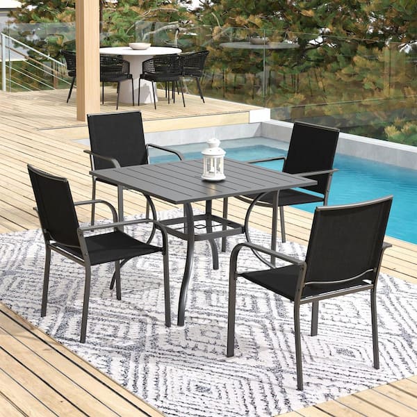 Anmutig 5-Piece Metal Patio Dining Set Square Table with 4-Stackable Chairs