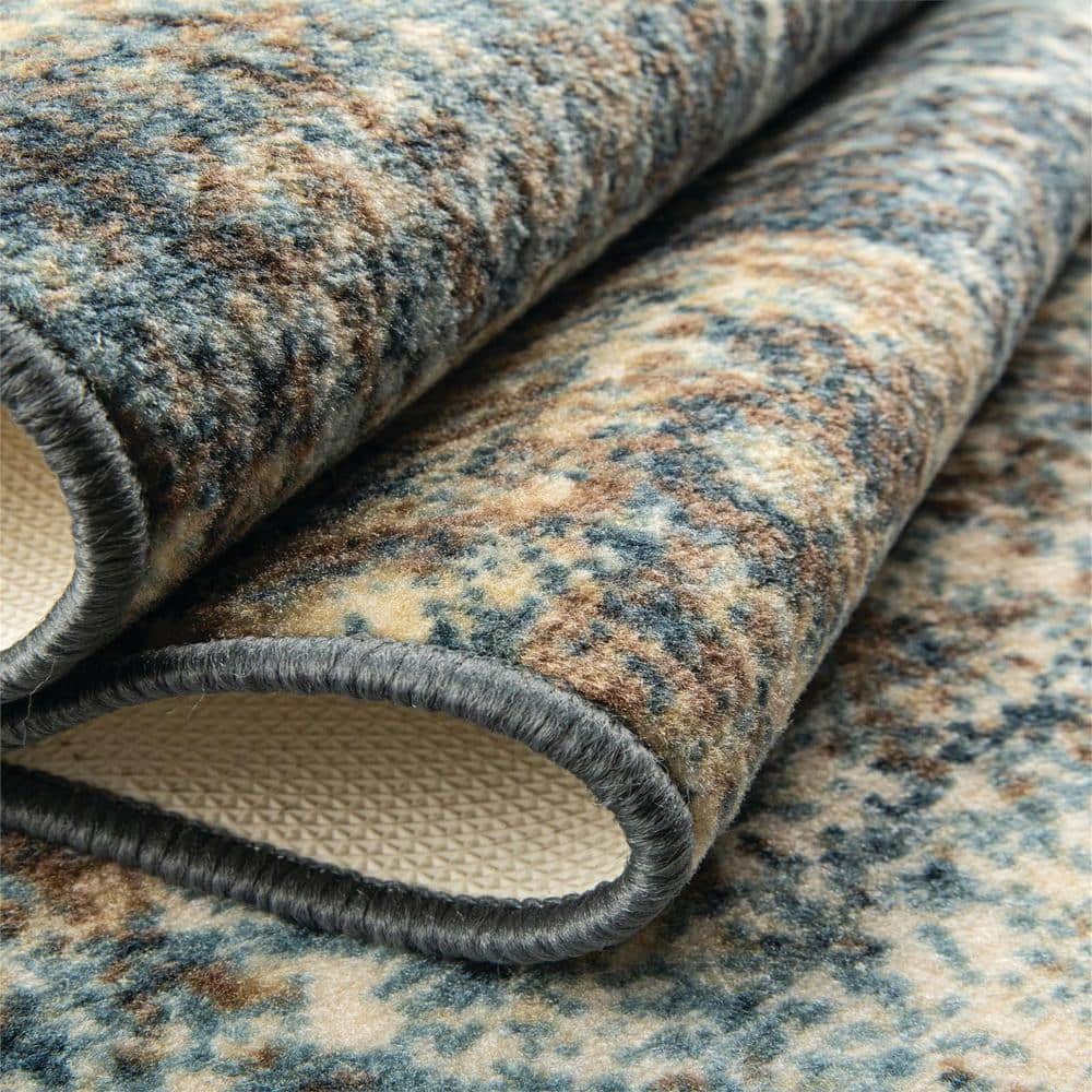 Blue-Beige Medallion Washable Runner Rug with Foam Backing