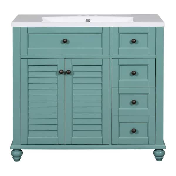 JimsMaison 36 in. W x 18 in. D x 33 in. H Single Sink Freestanding Bath Vanity in Blue-Green with White Cultured Marble Top