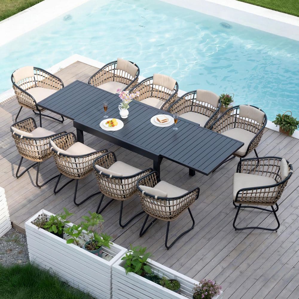 11-Piece Aluminum Patio Outdoor Dining Set, Extendable 53.1-106.2 in. Table, Wicker Chairs with Beige Cushions