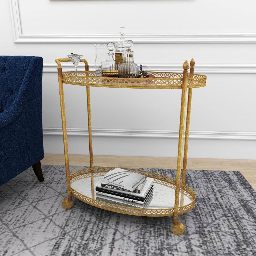 Gold Oval Iron Rolling Bar Cart with Glass Shelves
