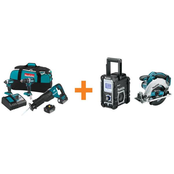 Makita 18-Volt LXT Lithium-Ion Brushless Cordless Combo Kit (3-Tool) 4.0Ah with Bonus Job Site Radio and 6-1/2 in. Circular Saw