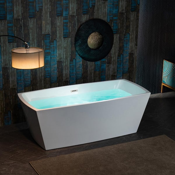 WOODBRIDGE 59 in. Acrylic FlatBottom Rectange Bathtub with Brushed Nickel Overflow and Drain Included in White