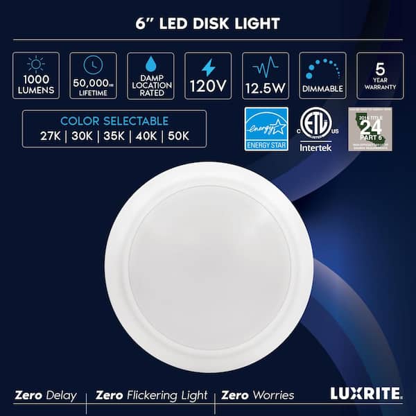 6 in. LED Disk Lights, Dimmable Flush Mount, 5CCT 2700K - 5000K, 12.5 Watt, 1000LM, Damp Rated 6 Pack