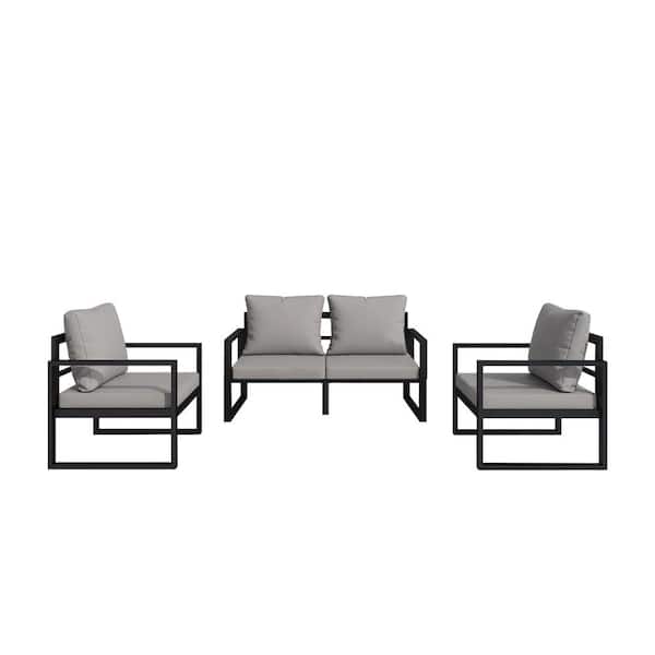 Unbranded Serga 3-Pieces Metal Patio Conversation Set Furniture Set Outdoor with Gray Cushions