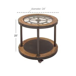 24 in. Brown 1 Shelf Large Round Glass End Accent Table with Clock Top