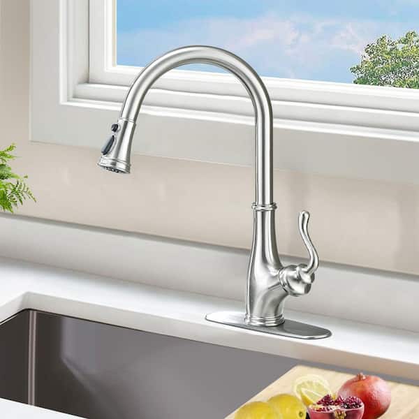 16.3 in Single-Handle Stainless Steel 360° Spout Swivel with Pull Down Sprayer Kitchen Faucets in Brushed Nickel