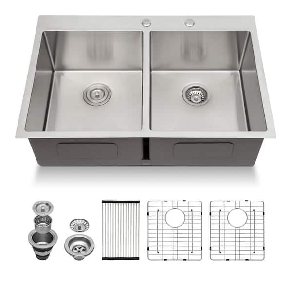 33 in.Drop in Double Bowl 50/50 16-Gauge Stainless Steel Kitchen Sink with Bottom Grids