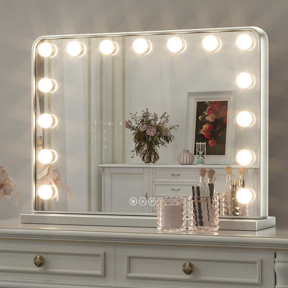 Keonjinn 23 in. W x 18 in. H Large Hollywood Vanity Mirror Light, Makeup Dimmable Lighted Mirror for Table in Silver Frame, Silver 23x18 in