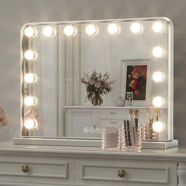 KeonJinn 23 in. W x 18 in. H Large Hollywood Vanity Mirror Light, Makeup Dimmable Lighted Mirror for Table in Silver Frame