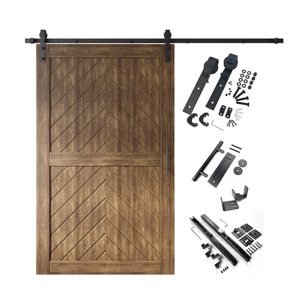 JT1 48 in. x 80 in. C-Panel Dark Walnut Fishbone Design Solid Pine Wood Sliding Barn Door with Hardware Kit