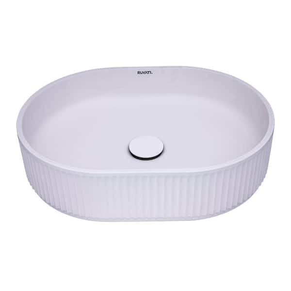 Cordona 19 in. Oval Fluted Modern Bathroom Vessel Sink in Matte White epiStone Solid Surface