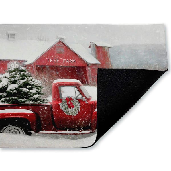 Christmas Tree Farm and Truck Red 18 in. x 30 in. Polyester Non-Slip Outdoor Door Mat