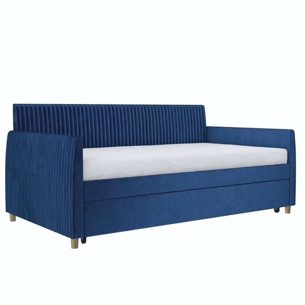 Twin Blue Velvet Upholstered Daybed with Trundle and Tufted Headboard