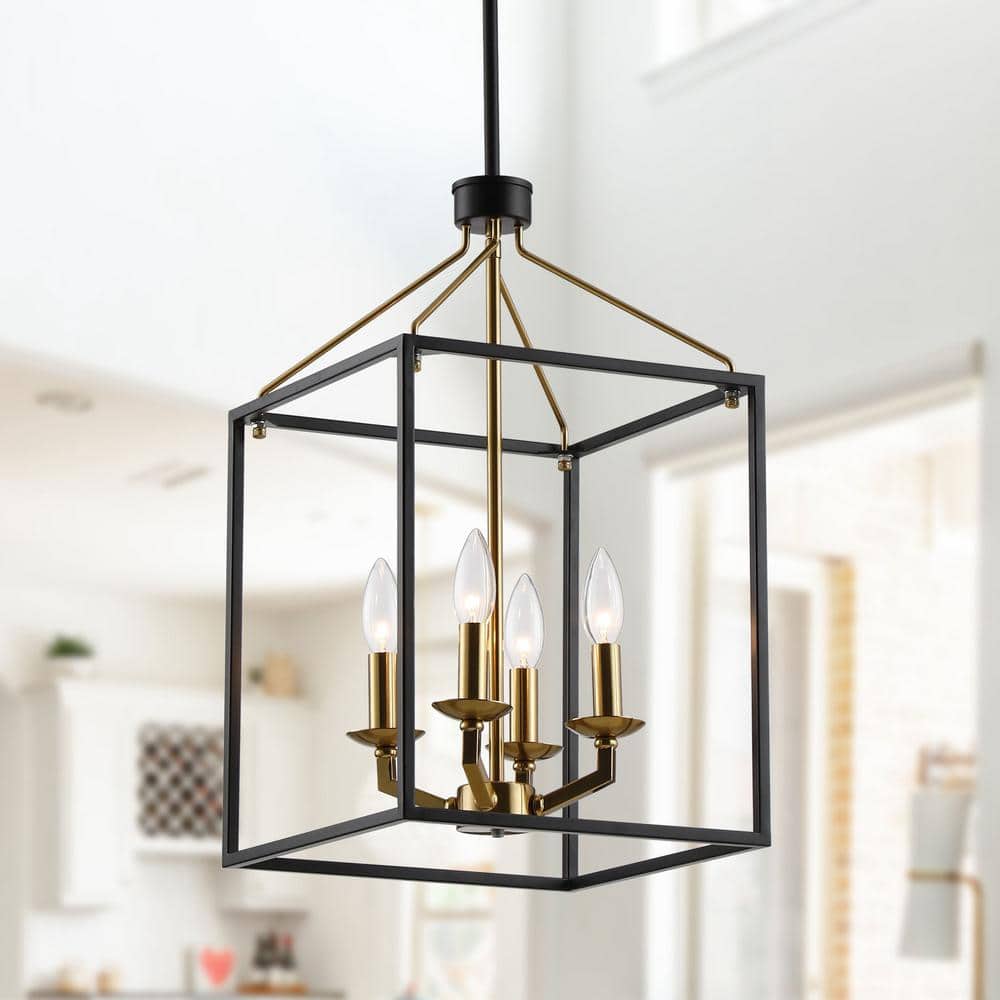 Farmhouse 12 in. 4-Light Matte Black and Gold Lantern Metal Chandelier for Living Room, Dining Room price history on PriceWatchPro