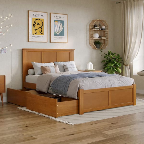 AFI Madison Light Toffee Natural Bronze Solid Wood Frame Full Platform Bed with Footboard and Storage Drawers