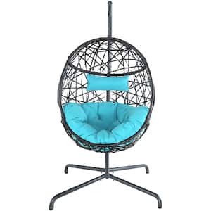 Wicker Outdoor Chair Patio Egg Hanging Hammock Chair with Blue Cushion and Stand