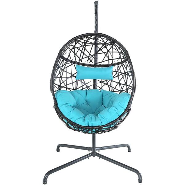 ULAX FURNITURE Wicker Outdoor Chair Patio Egg Hanging Hammock Chair with Blue Cushion and Stand