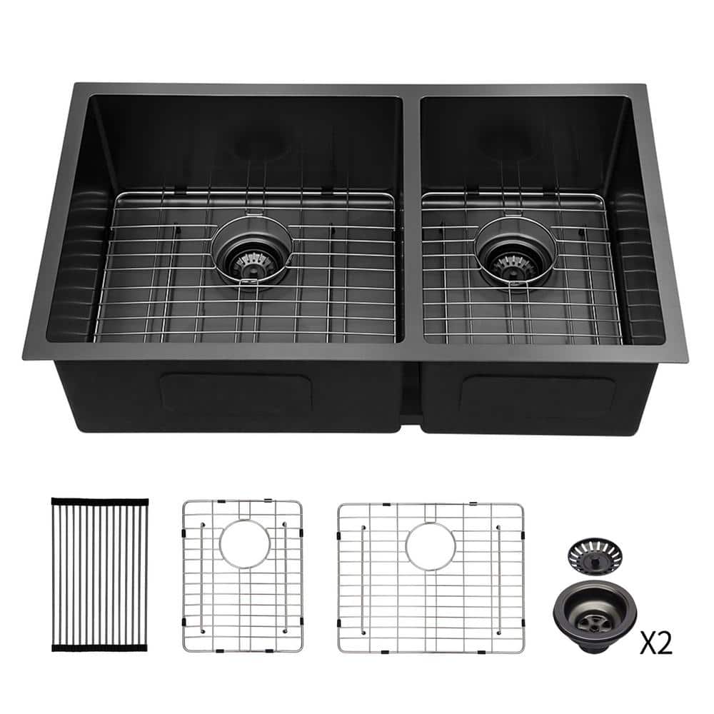 JASIWAY 33 in. Undermount 60/40 Double Bowl 18 Gauge Stainless Steel Kitchen Sink with Bottom