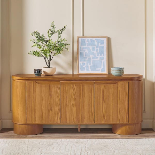 Maya Medium Brown Oak Modern Solid Wood Veneer 70 in. Curved Buffet TV Stand with Storage