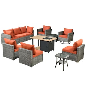 Sanibel Gray 11-Piece Wicker Outdoor Patio Conversation Sofa Set with a Storage Fire Pit and Orange Red Cushions