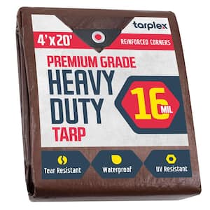 Tarplex 4 ft. x 20 ft. Super Heavy-Duty Brown 16 mil Poly Tarp , Waterproof UV Resistant for Patio Pool Cover Roof