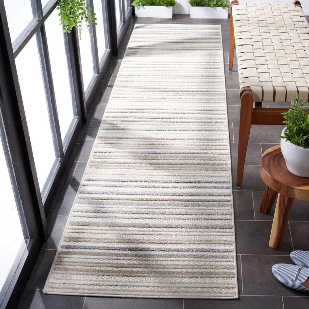 Ivory and Grey Geometric Synthetic Runner Rug, 2'2" x 9'