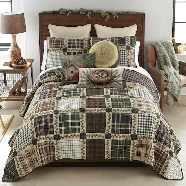 Pine Patch Brown and Green 3-Piece Cotton Queen Quilt Set