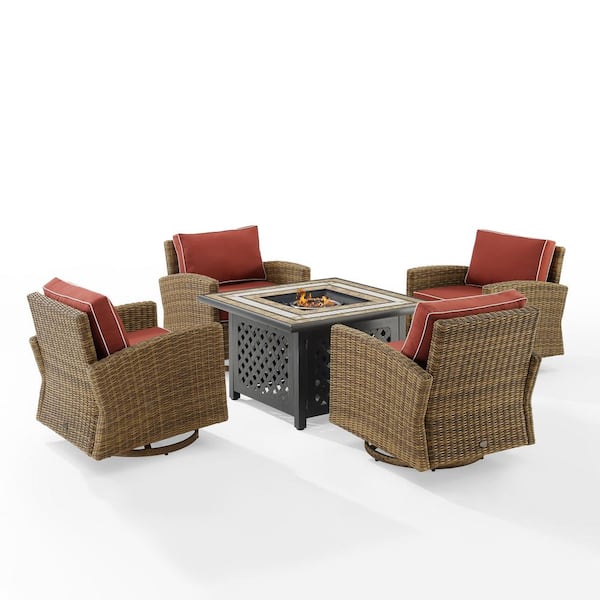 CROSLEY FURNITURE Bradenton Weathered Brown 5-Piece Wicker Patio Fire Pit Set with Sangria Cushions
