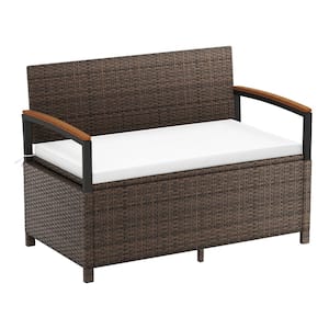 47 in. PE Rattan and Acacia Wood Outdoor Storage Bench with Cushion and 46 Gal. Capacity, White
