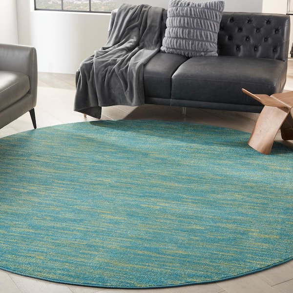 Essentials 8 ft. x 8 ft. Blue Green Round Solid Indoor/Outdoor Patio Rug