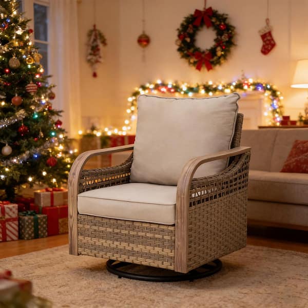 Brown Wicker Outdoor Rocking Chair Patio Swivel Chair with Gray Cushions 1 Pack