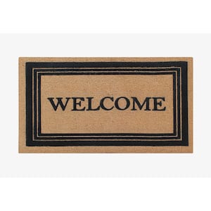 A1HC Welcome Flock Black/Beige 24 in x 39 in Natural Coir Thin-Profile Non-Slip Outdoor Durable Doormat
