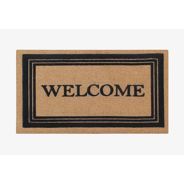 A1 Home Collections A1HC Welcome Flock Black/Beige 24 in x 39 in Natural Coir Thin-Profile Non-Slip Outdoor Durable Doormat