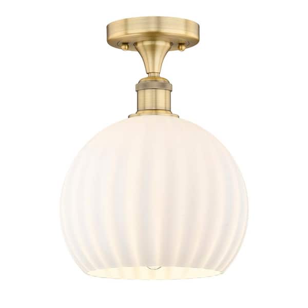 White Venetian 10 in. 1-Light Brushed Brass Modern Semi-Flush Mount with Frosted Glass Shade