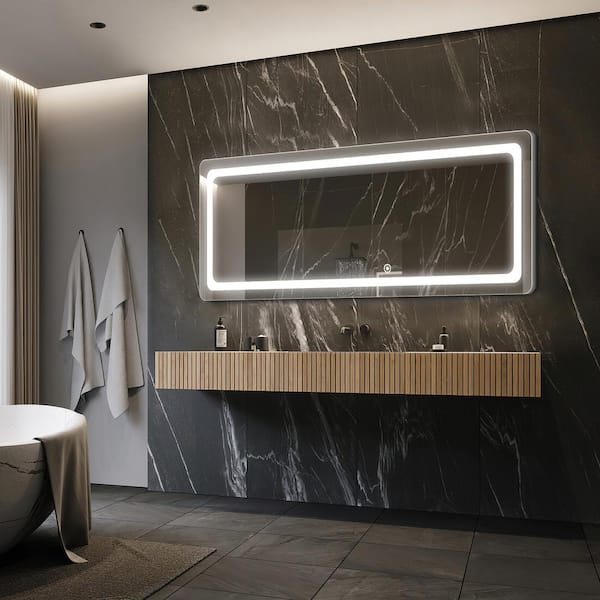 Dovelina 16 in. W x 63 in. H Rectangle Framed Round Angle LED Wall Mirror Full Length Mirror in Sliver