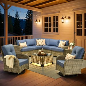 Aimee 9-Piece Wicker Patio Conversation Seating Sofa Set with Blue Cushions and Swivel Rocking Chairs