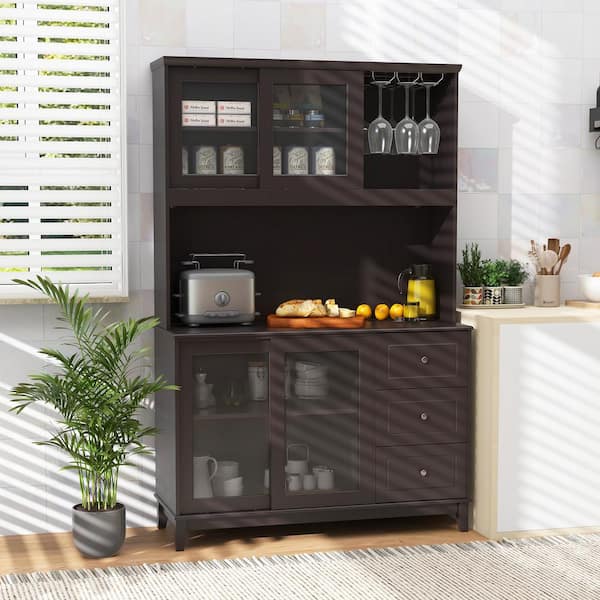 ANGELES HOME 73 in. Dark Brown Kitchen Pantry Storage Cabinet Kitchen Hutch with LED Lights and Power Outlet