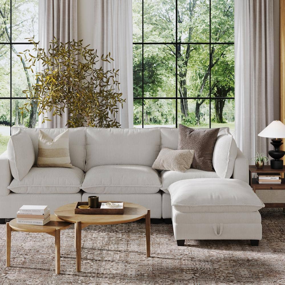 Pearl White Corduroy Upholstered Storage Ottoman with Removable Cushions