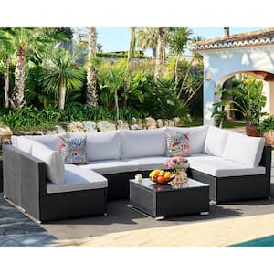 Black Frame 7-Piece Wicker Patio Conversation Set with Beige Cushions Pillows and Glass Table