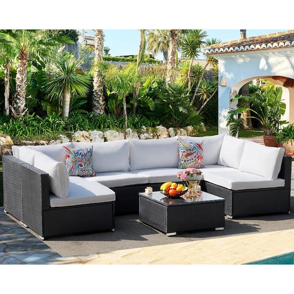 Cesicia Black Frame 7-Piece Wicker Patio Conversation Set with Beige Cushions Pillows and Glass Table